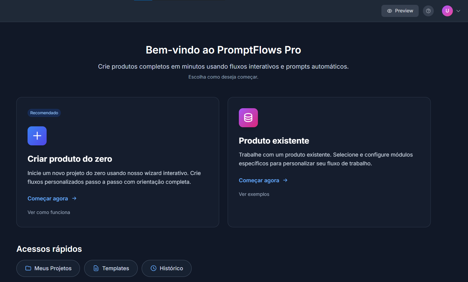 Mockup do Dashboard PromptFlows Pro